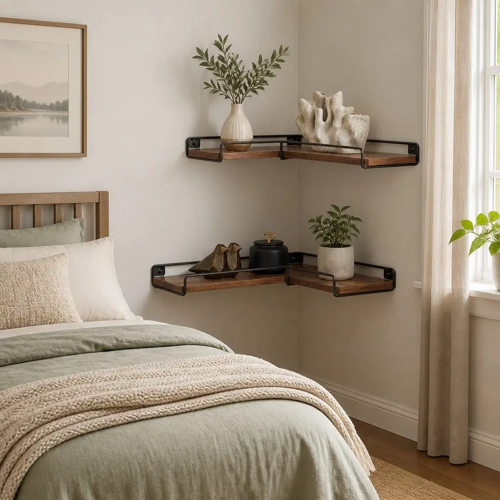 Floating Corner Wall Shelf Particle Board Iron Frame L-Shape Rustic Brown 2 Piece