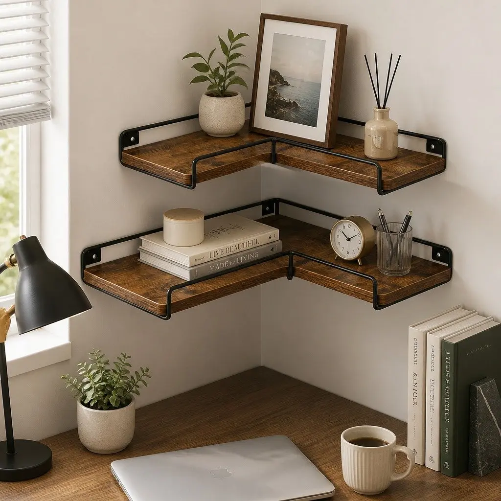 Floating Corner Wall Shelf Particle Board Iron Frame L-Shape Rustic Brown 2 Piece