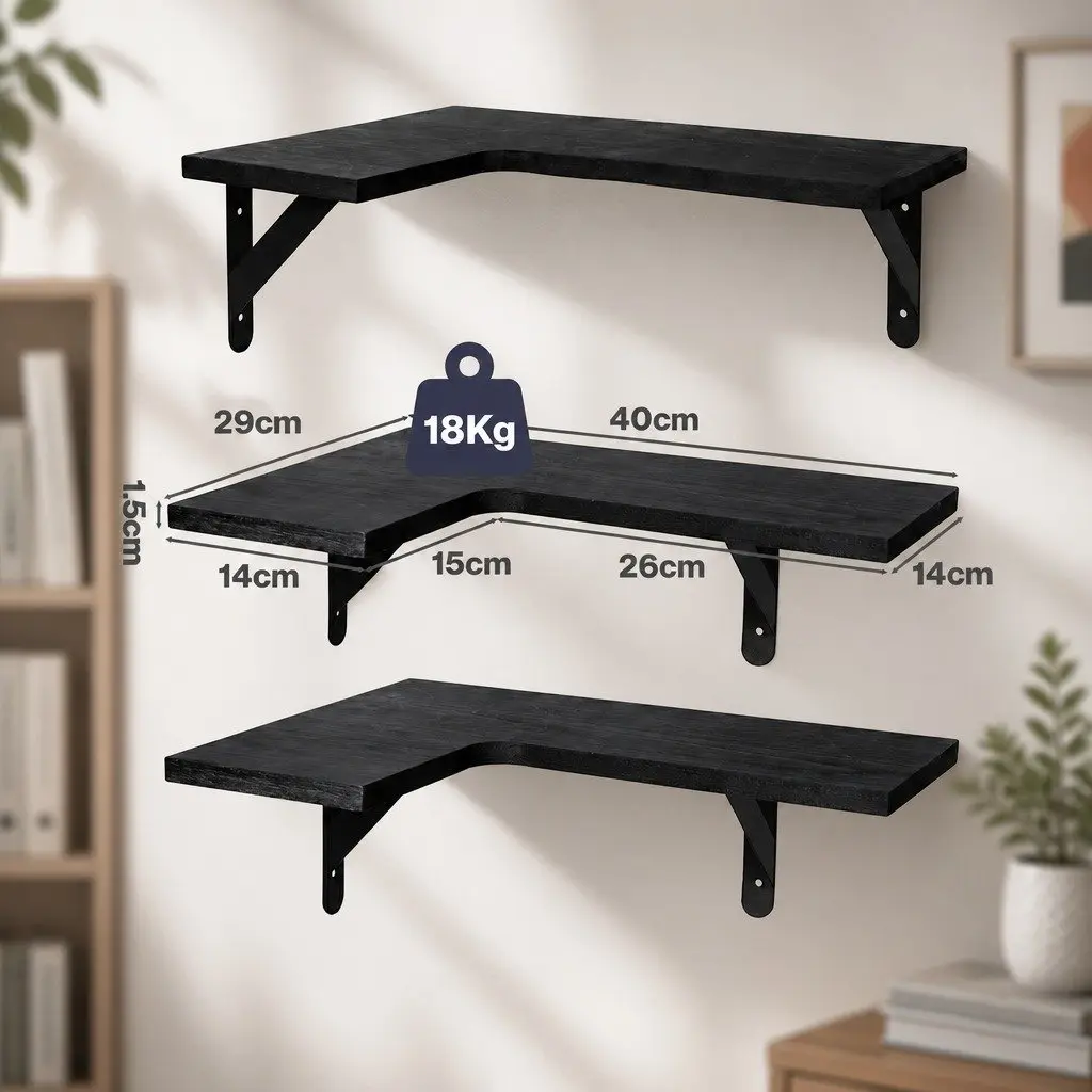 Corner Floating Shelves Paulownia Wood 40cm L Black 3 Piece