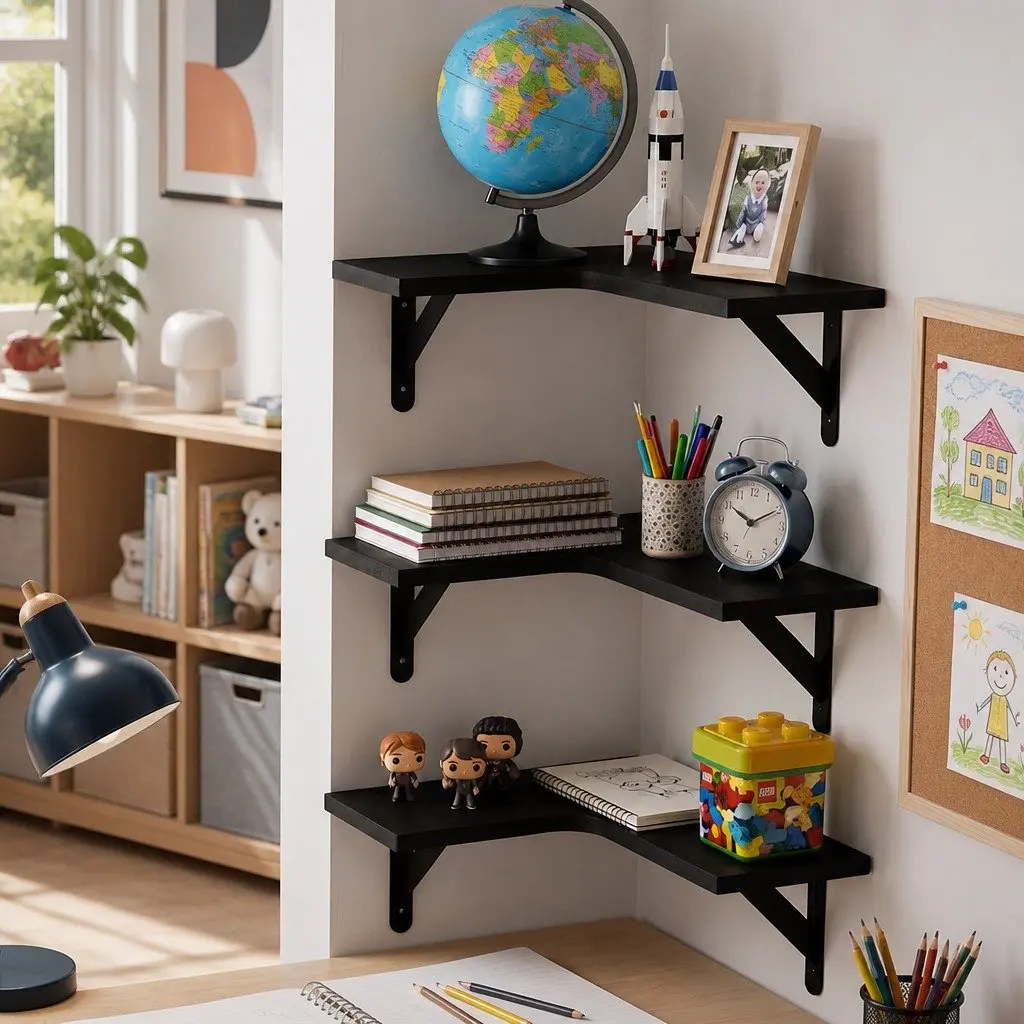 Corner Floating Shelves Paulownia Wood 40cm L Black 3 Piece