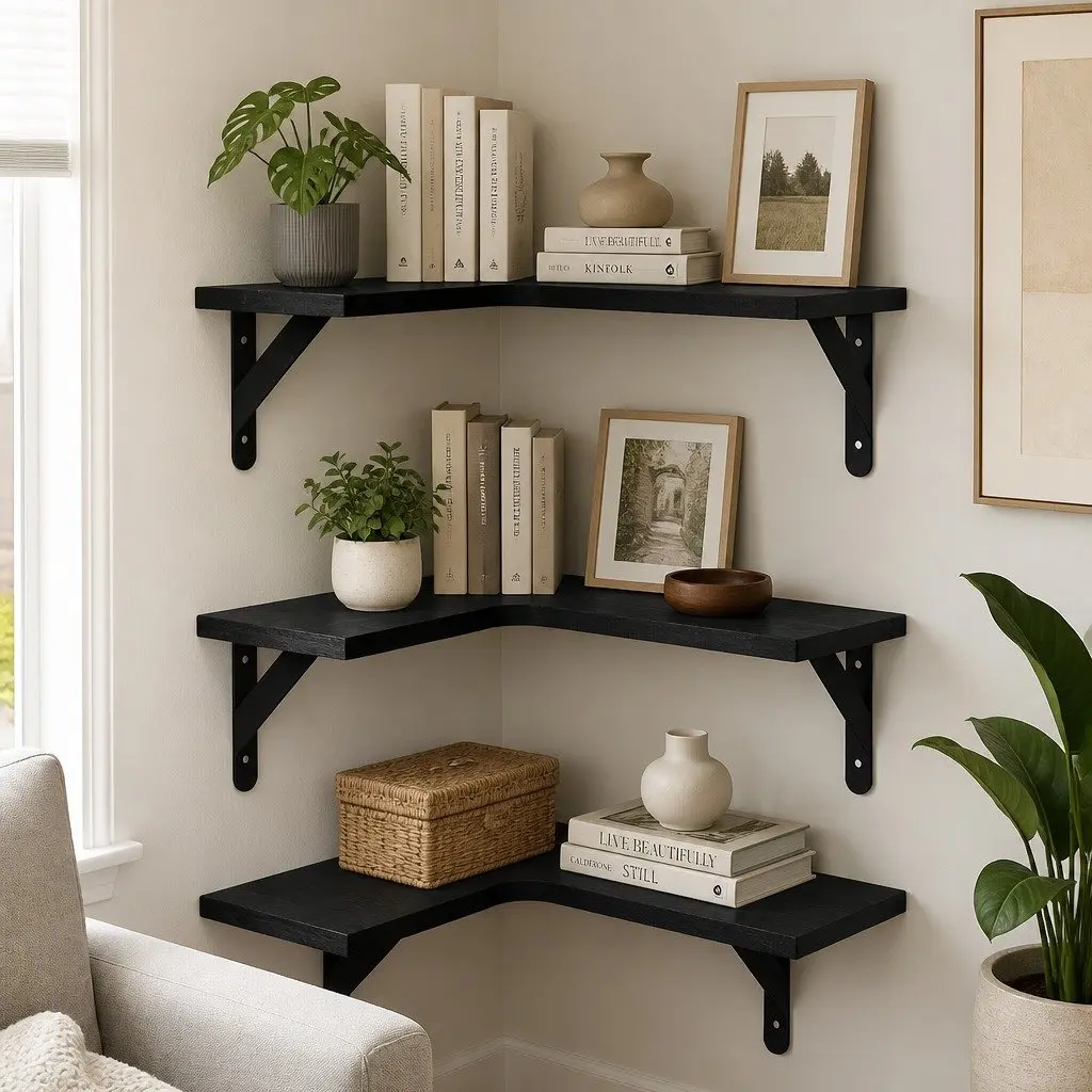 Corner Floating Shelves Paulownia Wood 40cm L Black 3 Piece
