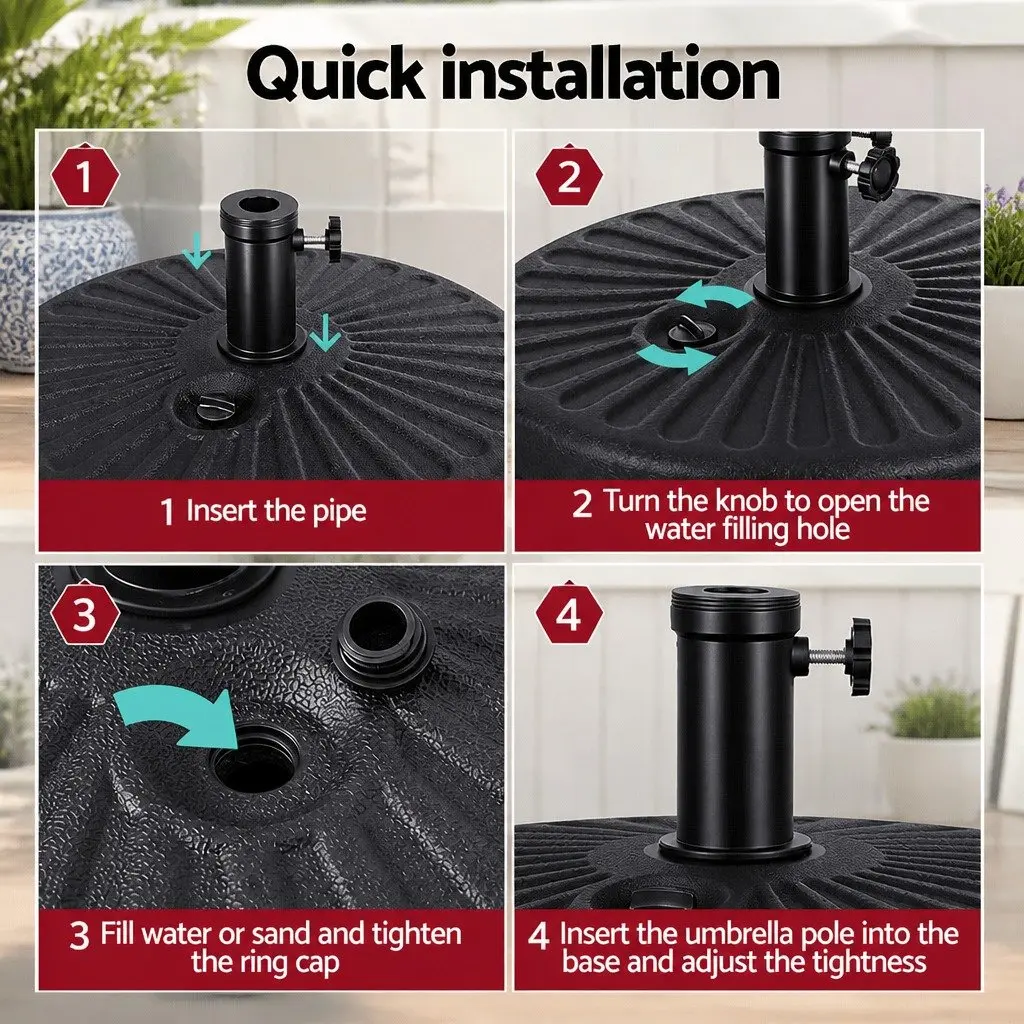 Outdoor Umbrella Base Weight Round Plastic Pole Holder 30-48mm Black Fillable