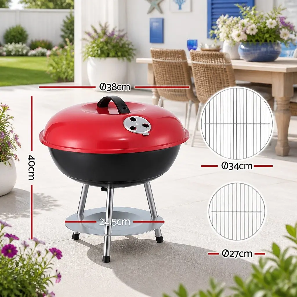 Charcoal BBQ Grill Stainless Steel 34cm Portable Black and Red