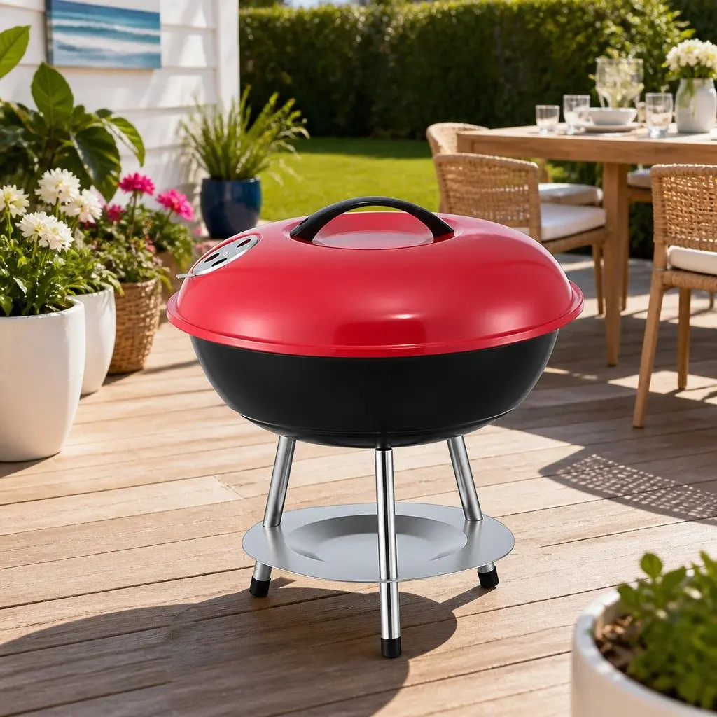 Charcoal BBQ Grill Stainless Steel 34cm Portable Black and Red