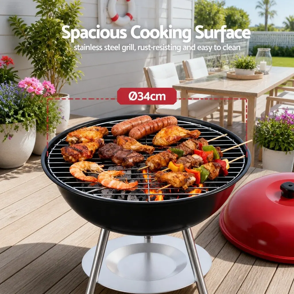 Charcoal BBQ Grill Stainless Steel 34cm Portable Black and Red