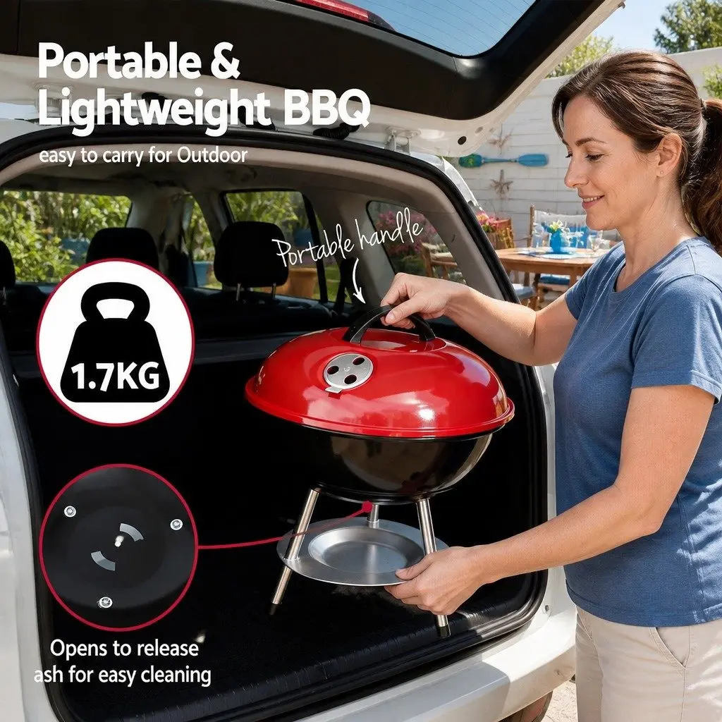Charcoal BBQ Grill Stainless Steel 34cm Portable Black and Red