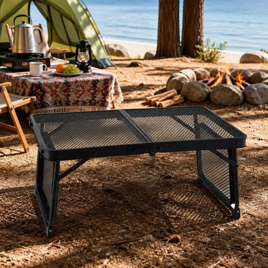 Folding Camping Table Aluminium Mesh Lightweight Black 88x60cm