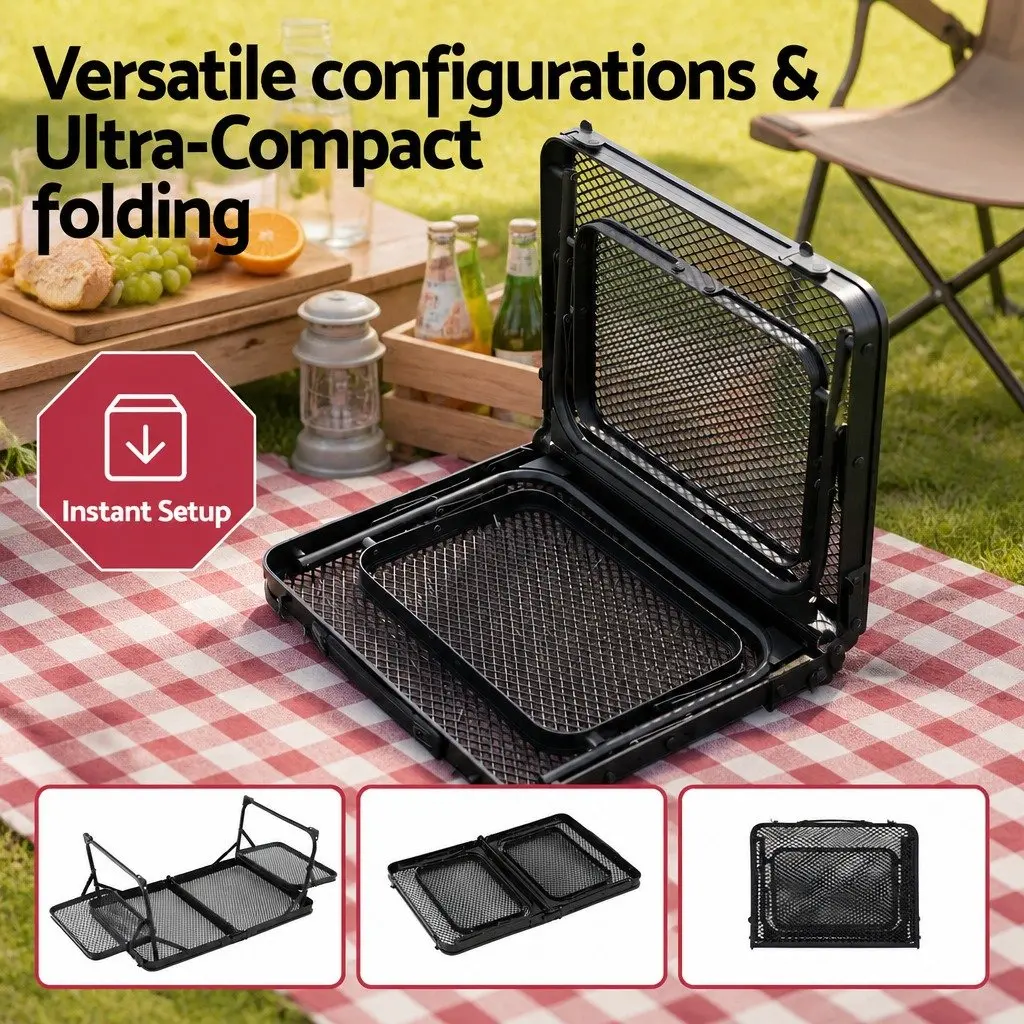 Folding Camping Table Aluminium Mesh Lightweight Black 88x60cm