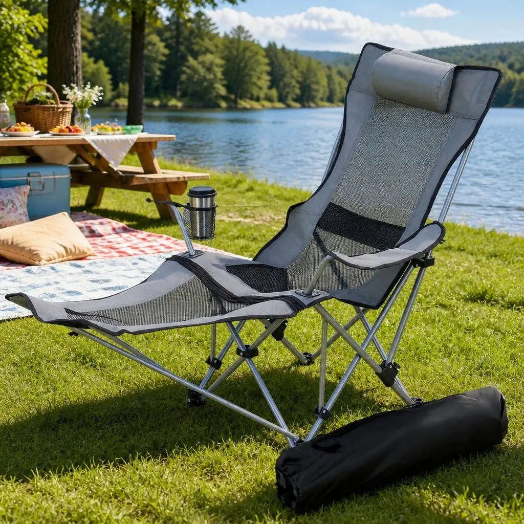 Portable Grey Camping Chair with Adjustable Recline