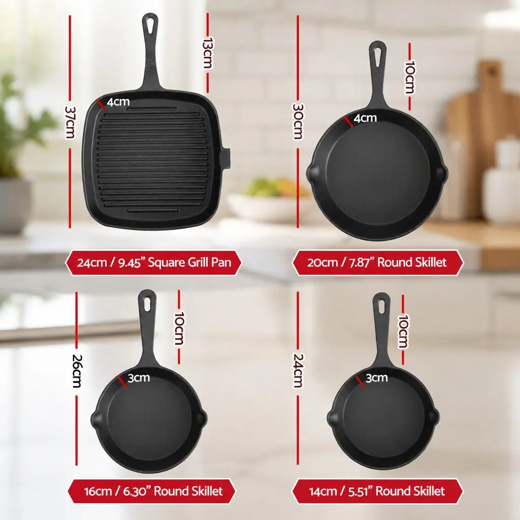 Cast Iron Frying Pan Skillet Set Black 14cm 16cm 20cm 24cm