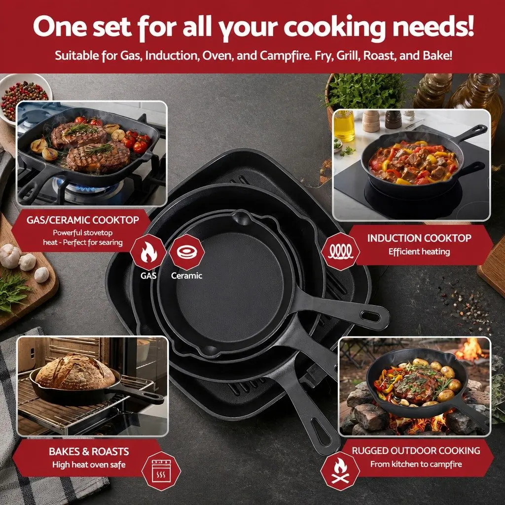 Cast Iron Frying Pan Skillet Set Black 14cm 16cm 20cm 24cm