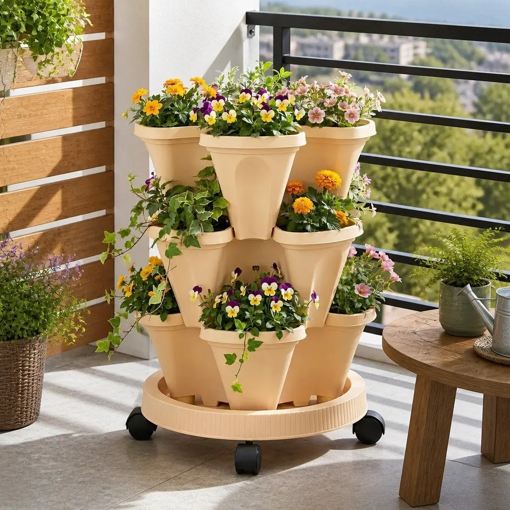 Beige 3 Tier Vertical Planter Tower with Wheels for Garden