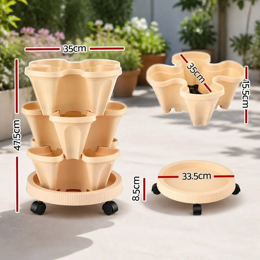 3 Tier Stackable Vertical Planter Tower Polyethylene 35cm x 35cm x 47.5cm Beige