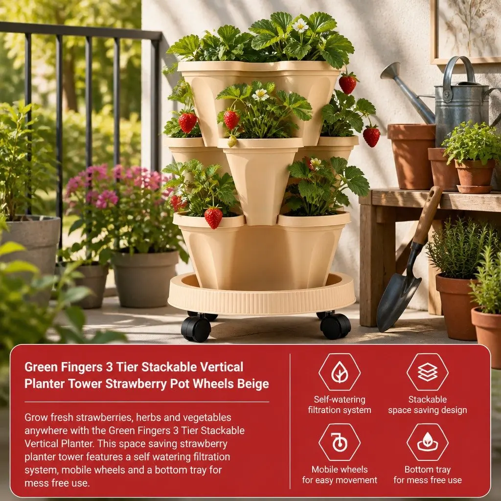 3 Tier Stackable Vertical Planter Tower Polyethylene 35cm x 35cm x 47.5cm Beige