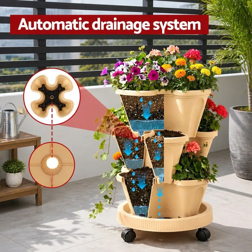 3 Tier Stackable Vertical Planter Tower Polyethylene 35cm x 35cm x 47.5cm Beige