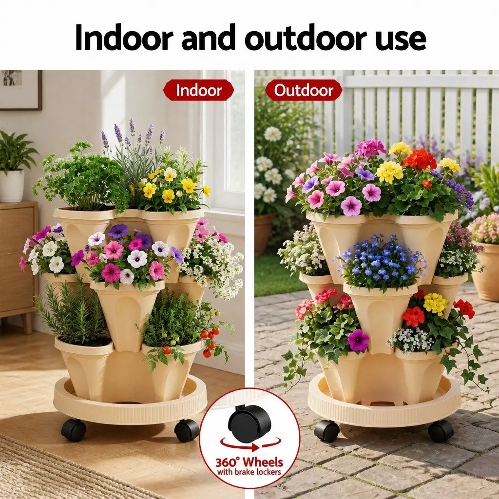 3 Tier Stackable Vertical Planter Tower Polyethylene 35cm x 35cm x 47.5cm Beige