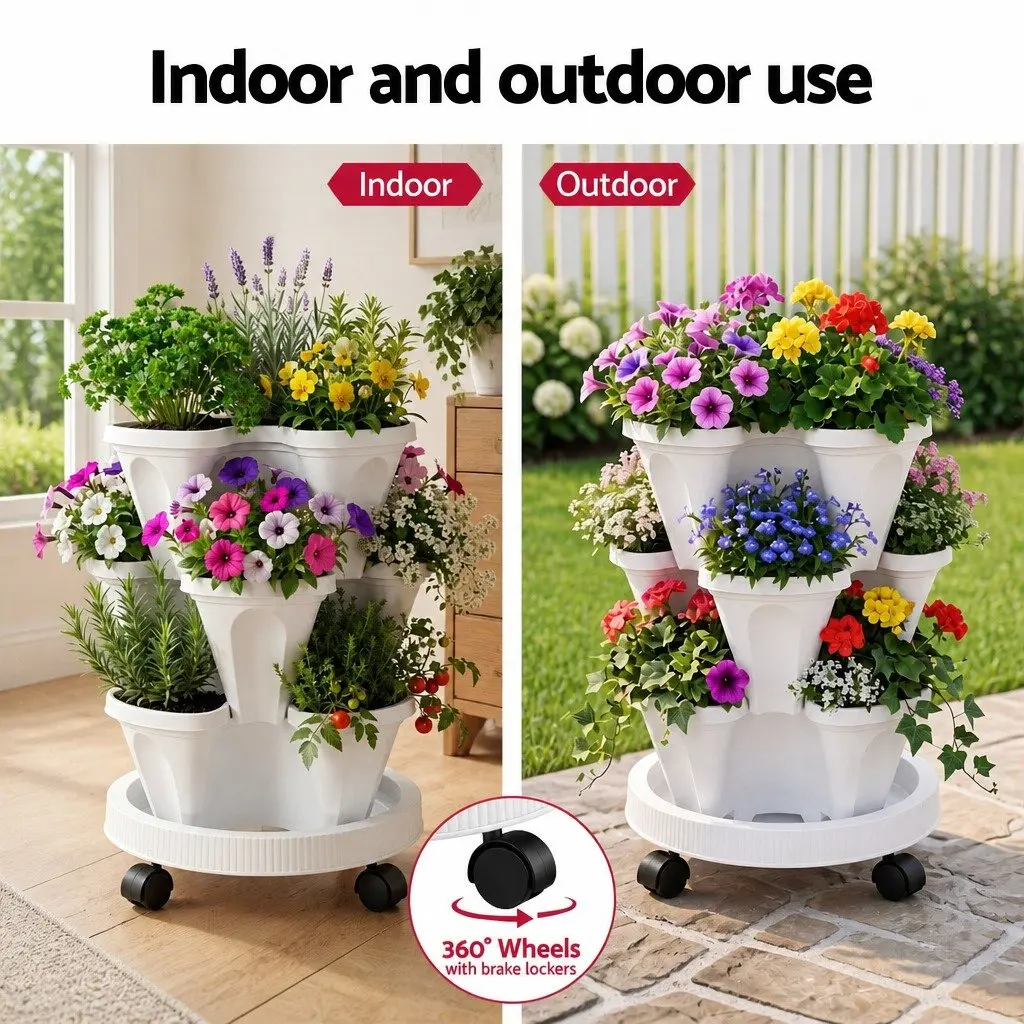 Stackable Vertical Planter Tower Polyethylene 3 Tier White