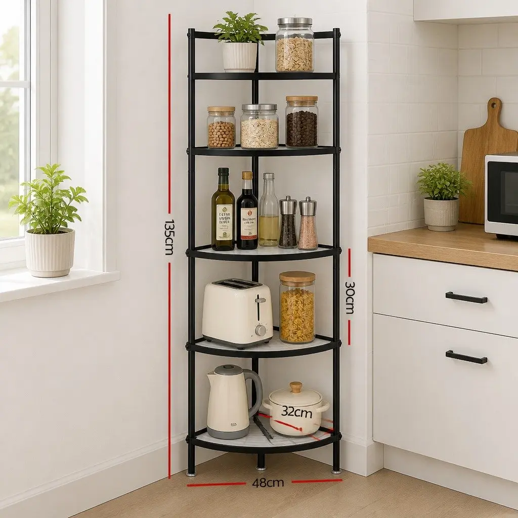 5-Tier Corner Shelf Metal Black 48cm W x 32cm D x 135cm H