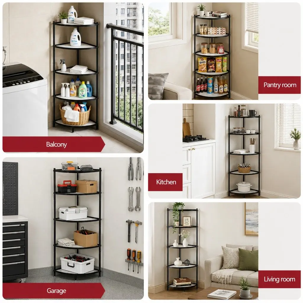 5-Tier Corner Shelf Metal Black 48cm W x 32cm D x 135cm H