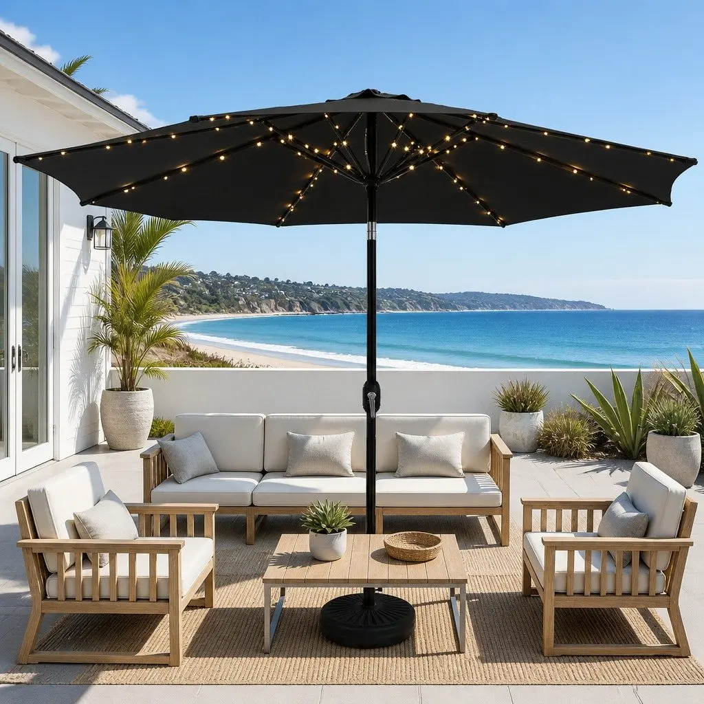 Outdoor Umbrella Polyester 2.9m Black with LED String Light