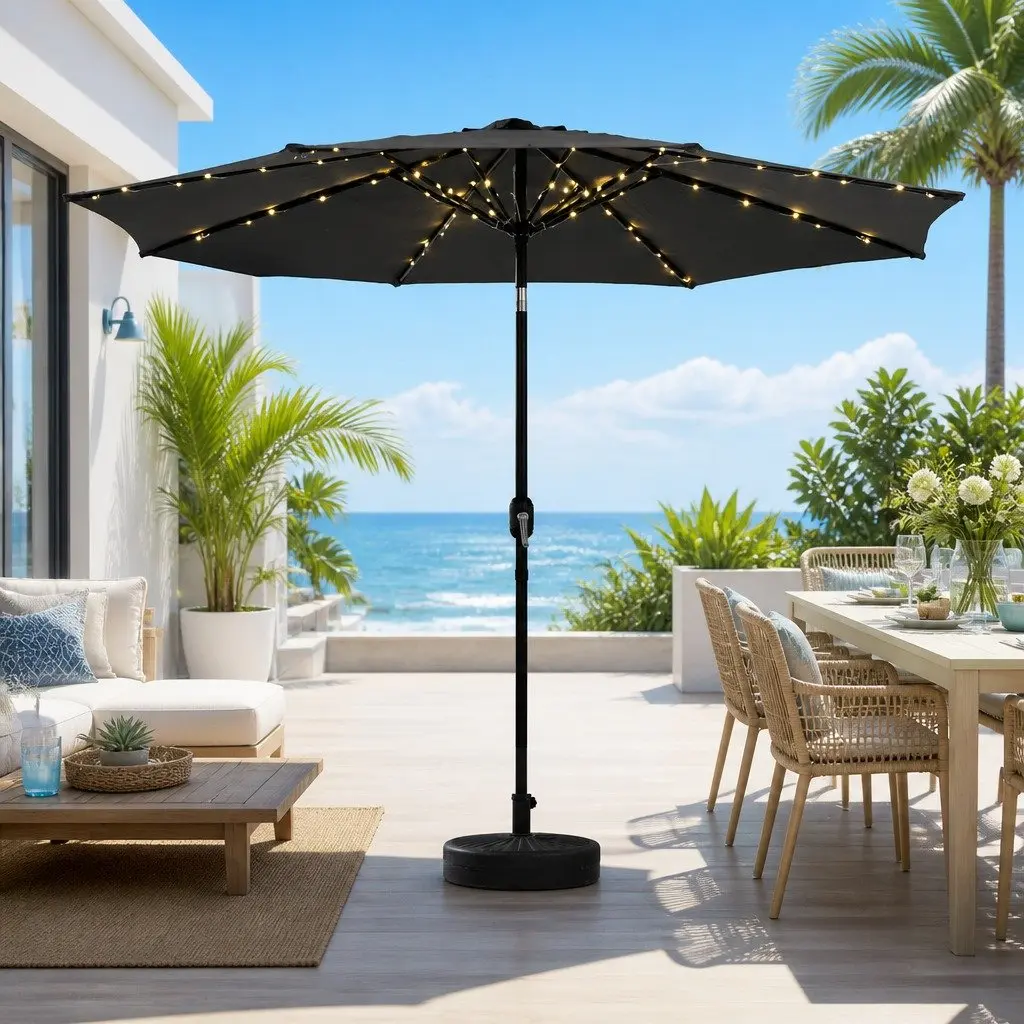 Outdoor Umbrella Polyester 2.9m Octagonal Canopy LED String Light Charcoal