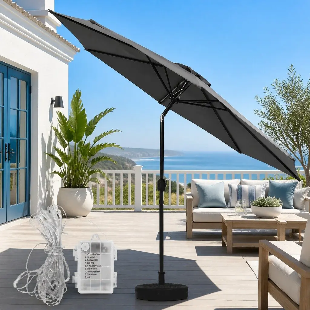 Outdoor Umbrella Polyester 2.9m Octagonal Canopy LED String Light Charcoal