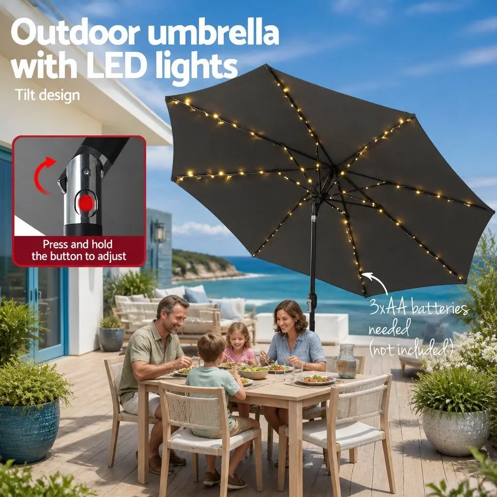 Outdoor Umbrella Polyester 2.9m Octagonal Canopy LED String Light Charcoal