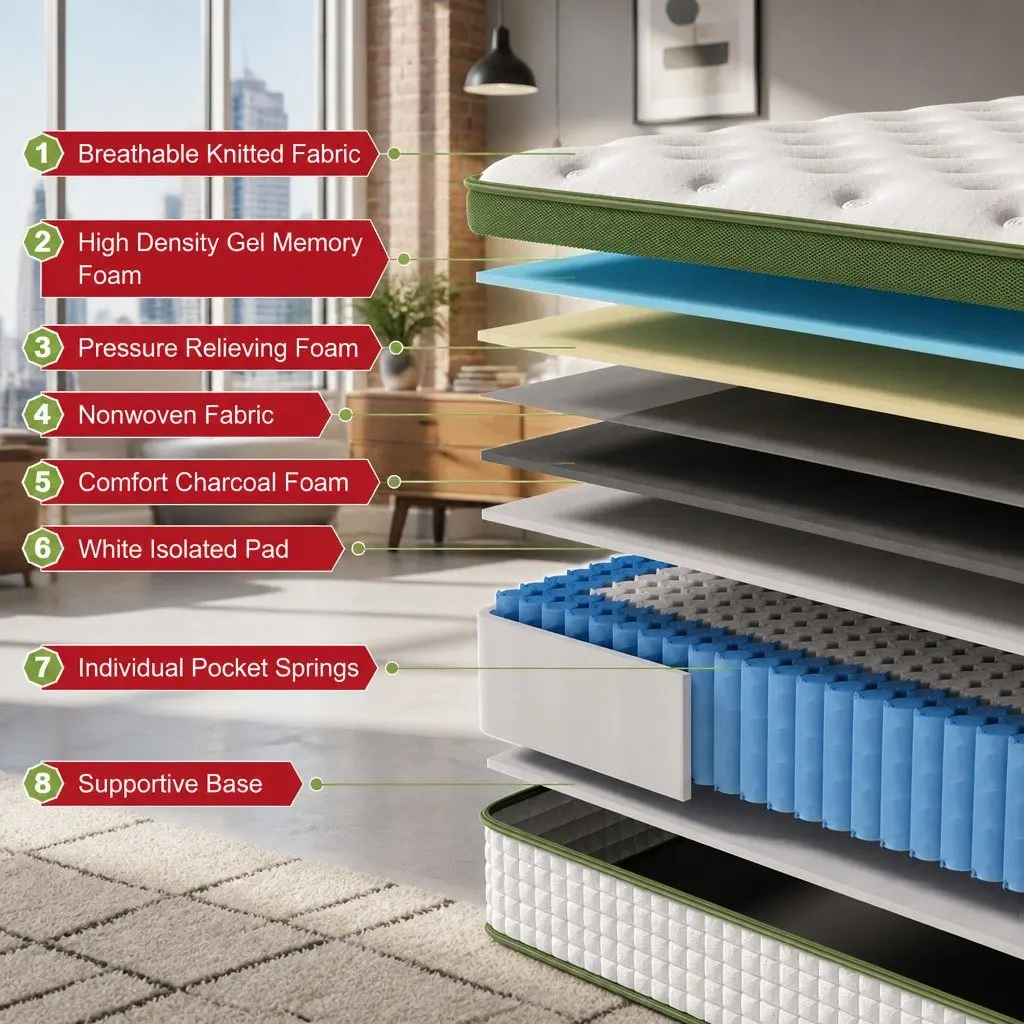 Double Mattress Gel Memory Foam 30cm Pocket Spring White