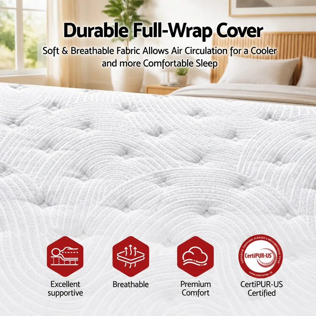 Queen Mattress Pocket Spring Hybrid 34cm Medium Firm Cooling Tencel Fabric White Black