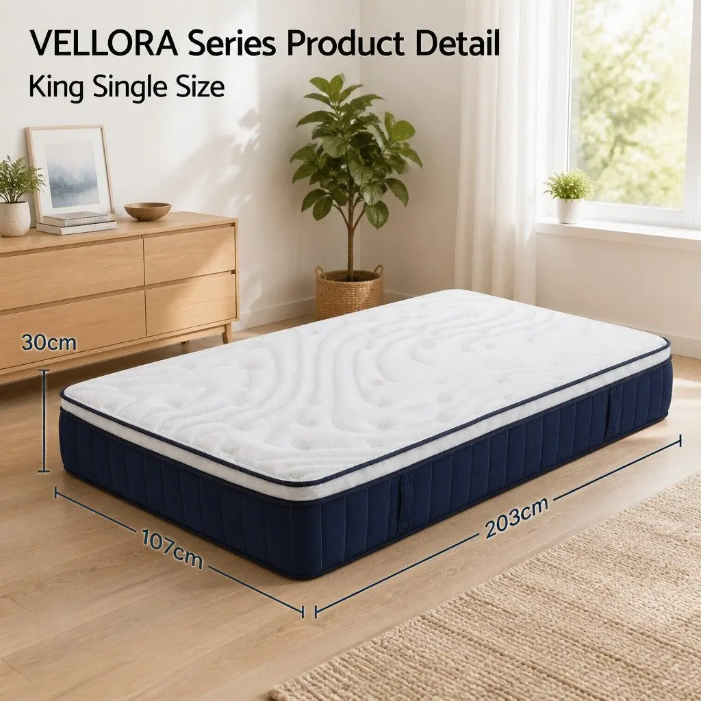 King Single Mattress Pocket Spring Latex 30cm Medium Firm Hybrid White Black