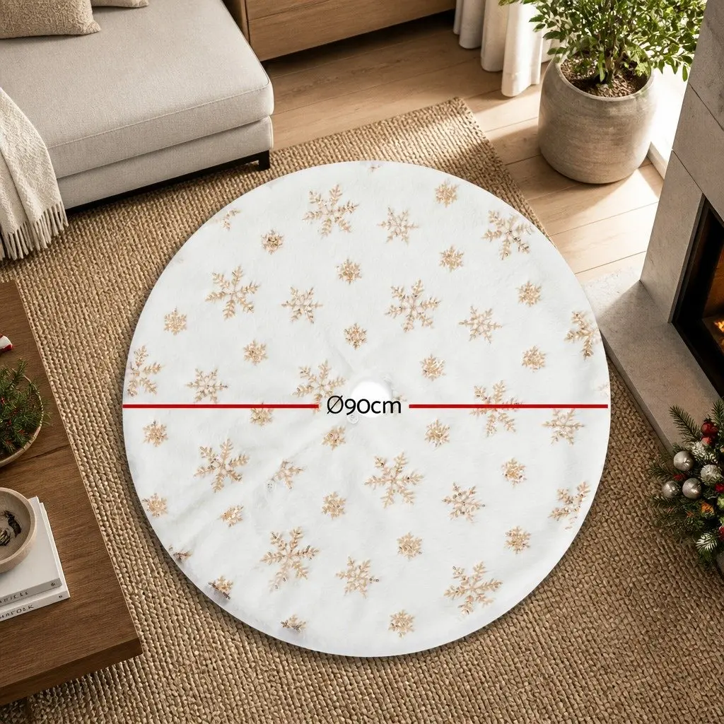 Christmas Tree Skirt Polyester 90cm Gold Sequin Snowflake Decoration