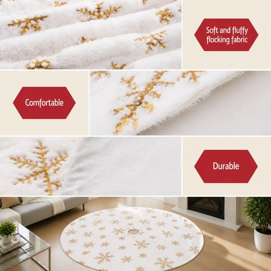 Christmas Tree Skirt Polyester 90cm Gold Sequin Snowflake Decoration