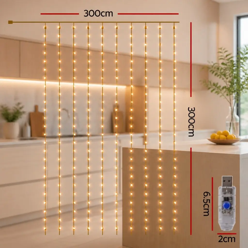 Curtain String Lights 300 LED Warm White 3M x 3M Indoor Outdoor