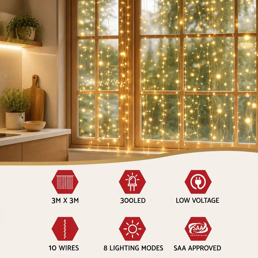 Curtain String Lights 300 LED Warm White 3M x 3M Indoor Outdoor