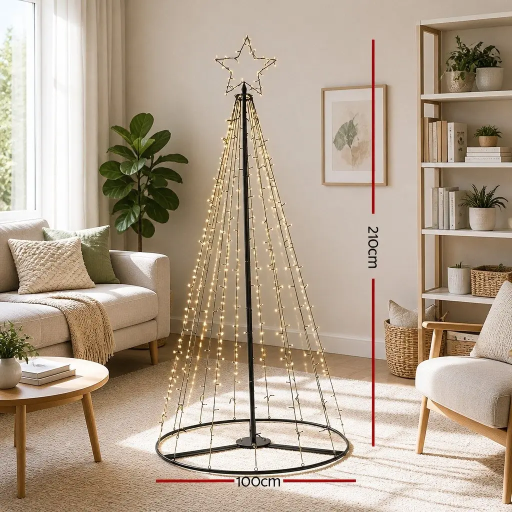 LED Christmas Tree Solar-powered 2.1M Warm White Lights Black Powder-coated Steel Outdoor Garden Decoration