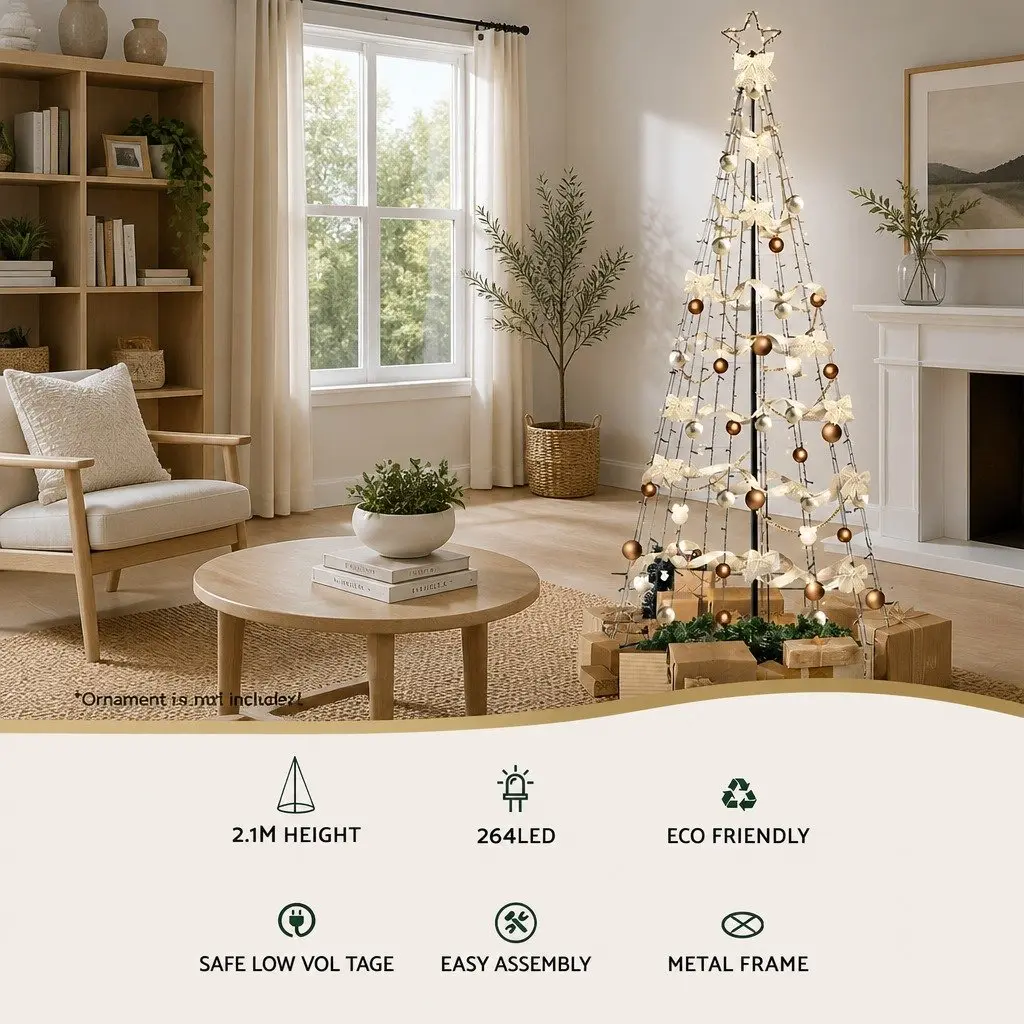 LED Christmas Tree Solar-powered 2.1M Warm White Lights Black Powder-coated Steel Outdoor Garden Decoration