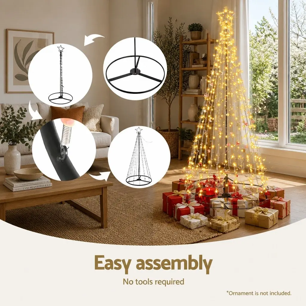 LED Christmas Tree Solar-powered 2.1M Warm White Lights Black Powder-coated Steel Outdoor Garden Decoration