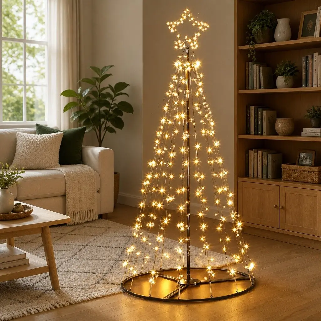 LED Christmas Tree Solar-powered 2.1M Warm White Lights Black Powder-coated Steel Outdoor Garden Decoration
