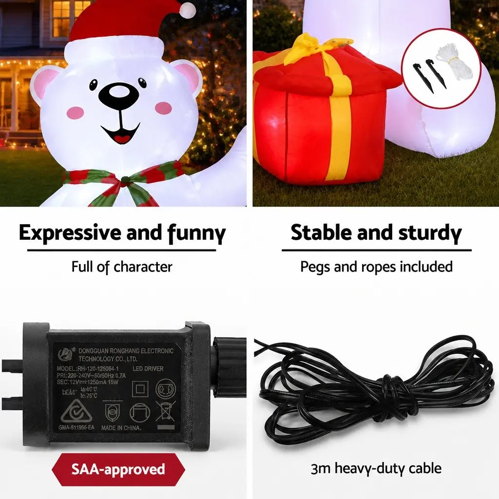 Christmas Inflatable Bear 1.8M Polyester Multicolour LED Indoor Outdoor Decorations