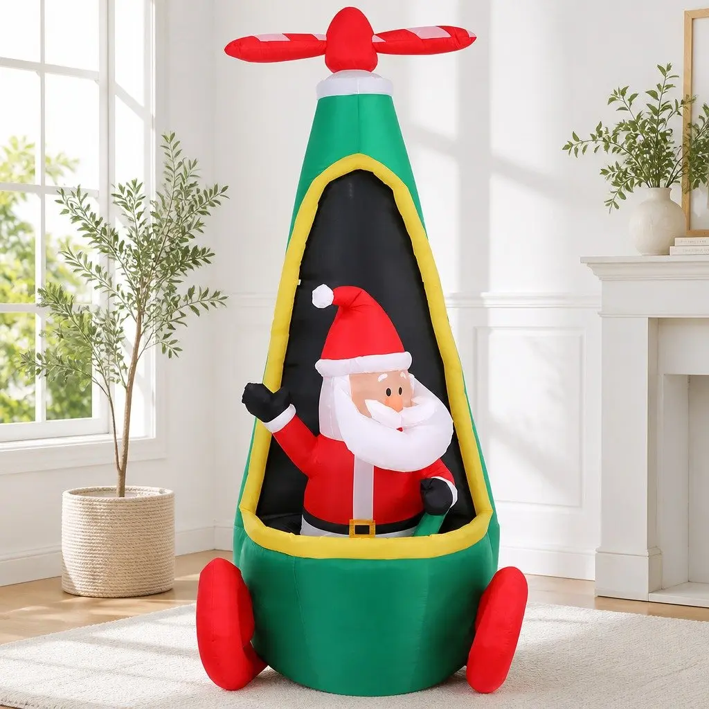 Christmas Inflatable Decoration 190T Polyester 2.55M Santa Helicopter LED