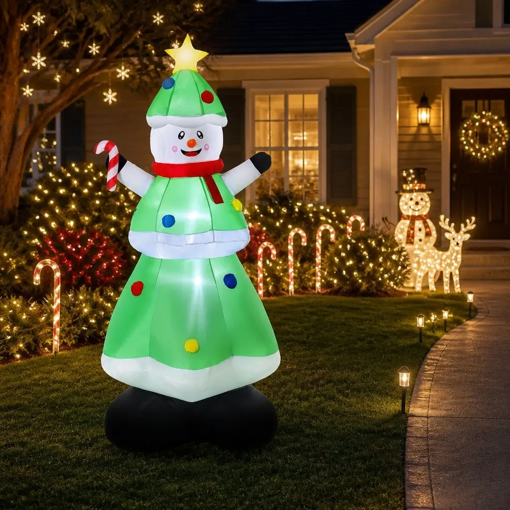 Inflatable Christmas Decoration 190T Polyester 2.75M Multicolour Snowman and Tree with LED Lights