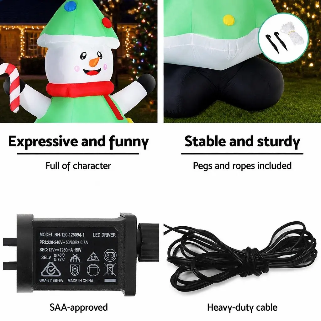 Inflatable Christmas Decoration 190T Polyester 2.75M Multicolour Snowman and Tree with LED Lights