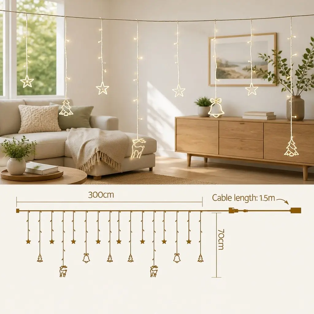 LED Christmas Icicle Lights Warm White 3M 138 Bulbs Indoor Outdoor Decoration 8 Lighting Modes