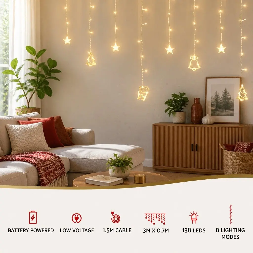 LED Christmas Icicle Lights Warm White 3M 138 Bulbs Indoor Outdoor Decoration 8 Lighting Modes