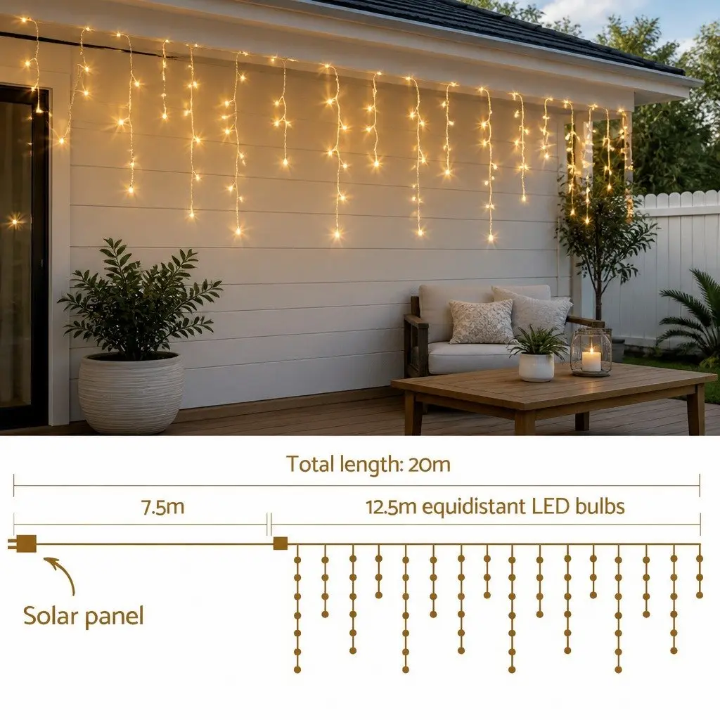 Icicle String Lights Outdoor 12.5M Warm White LED Solar Powered 100 Drops Christmas