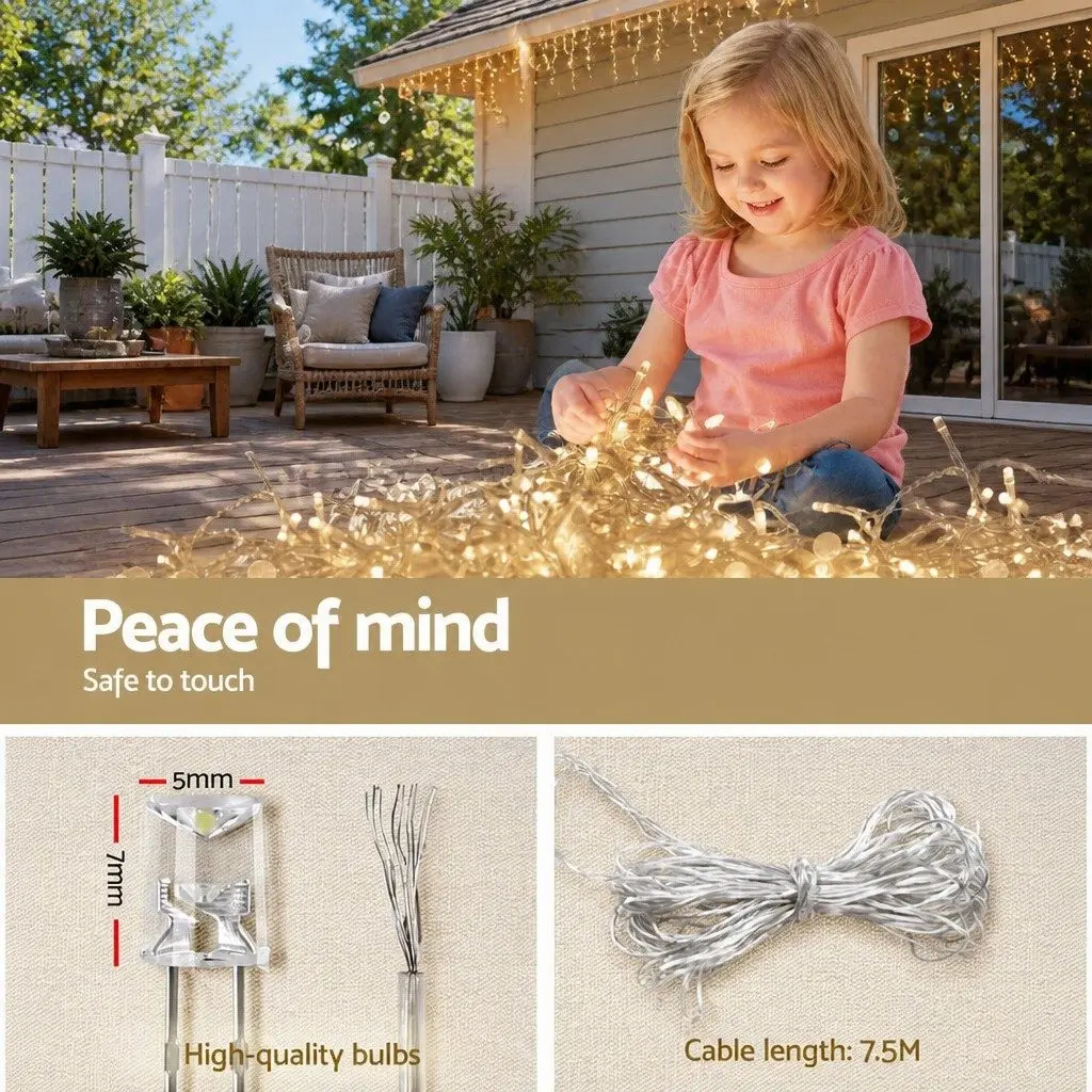 Icicle String Lights Outdoor 12.5M Warm White LED Solar Powered 100 Drops Christmas