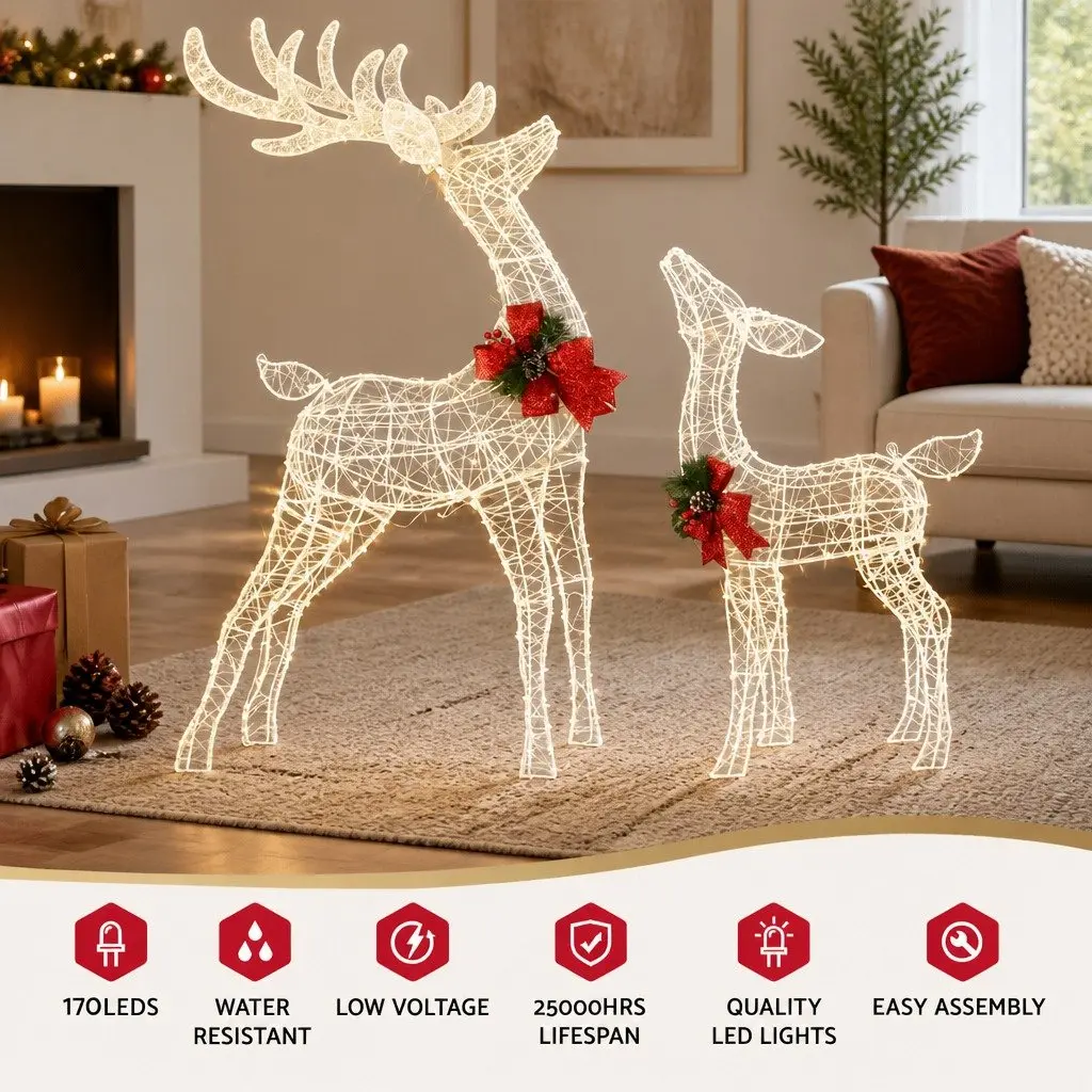 Christmas Light Set 170 LED Warm White 3D Reindeer Outdoor Indoor Decorations 85cm 60cm White