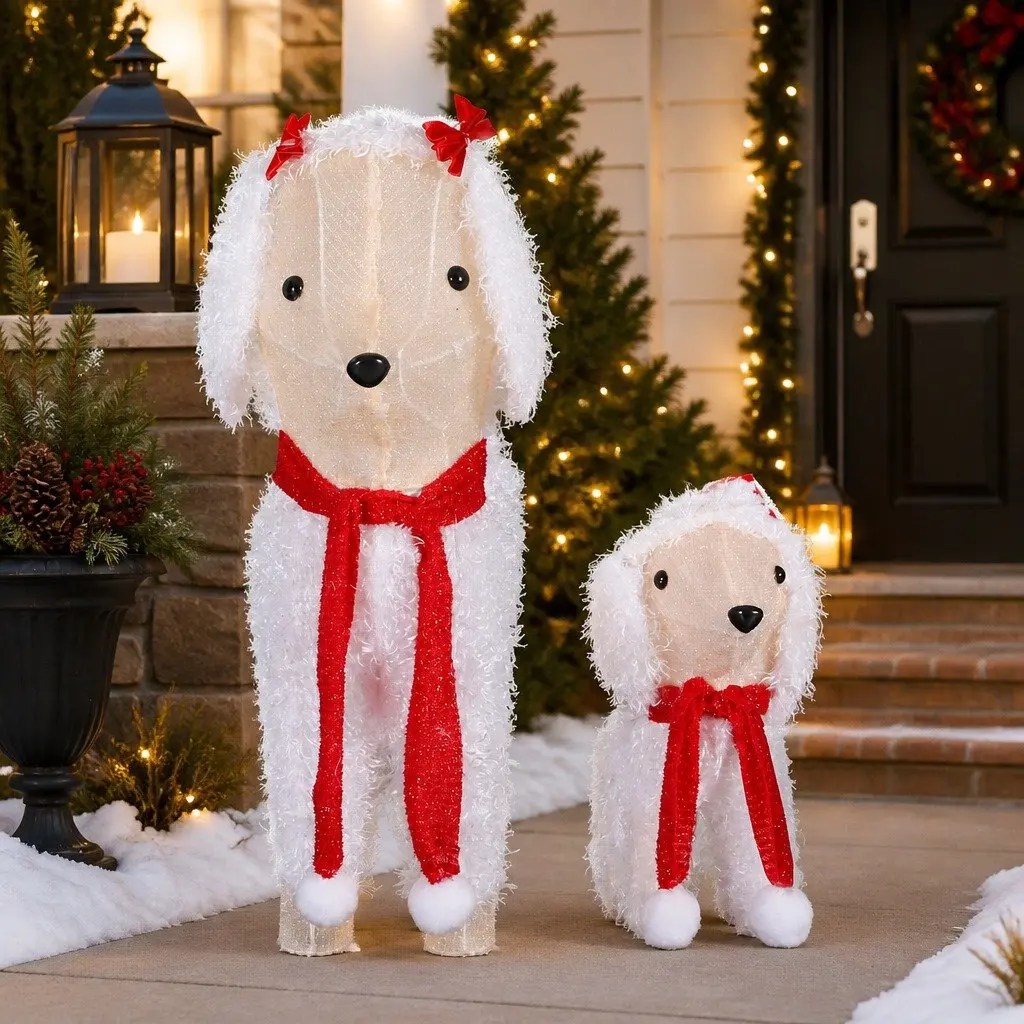 Christmas Outdoor Decorations LED Lights Set 3D Dog Figures Multicolour Steel Frame 5 Meter Cable