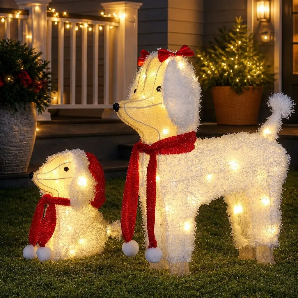 Christmas Outdoor Decorations LED Lights Set 3D Dog Figures Multicolour Steel Frame 5 Meter Cable