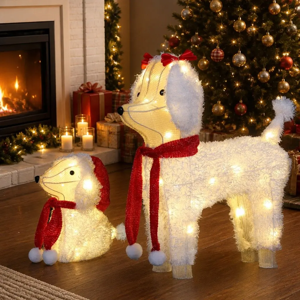 Christmas Outdoor Decorations LED Lights Set 3D Dog Figures Multicolour Steel Frame 5 Meter Cable